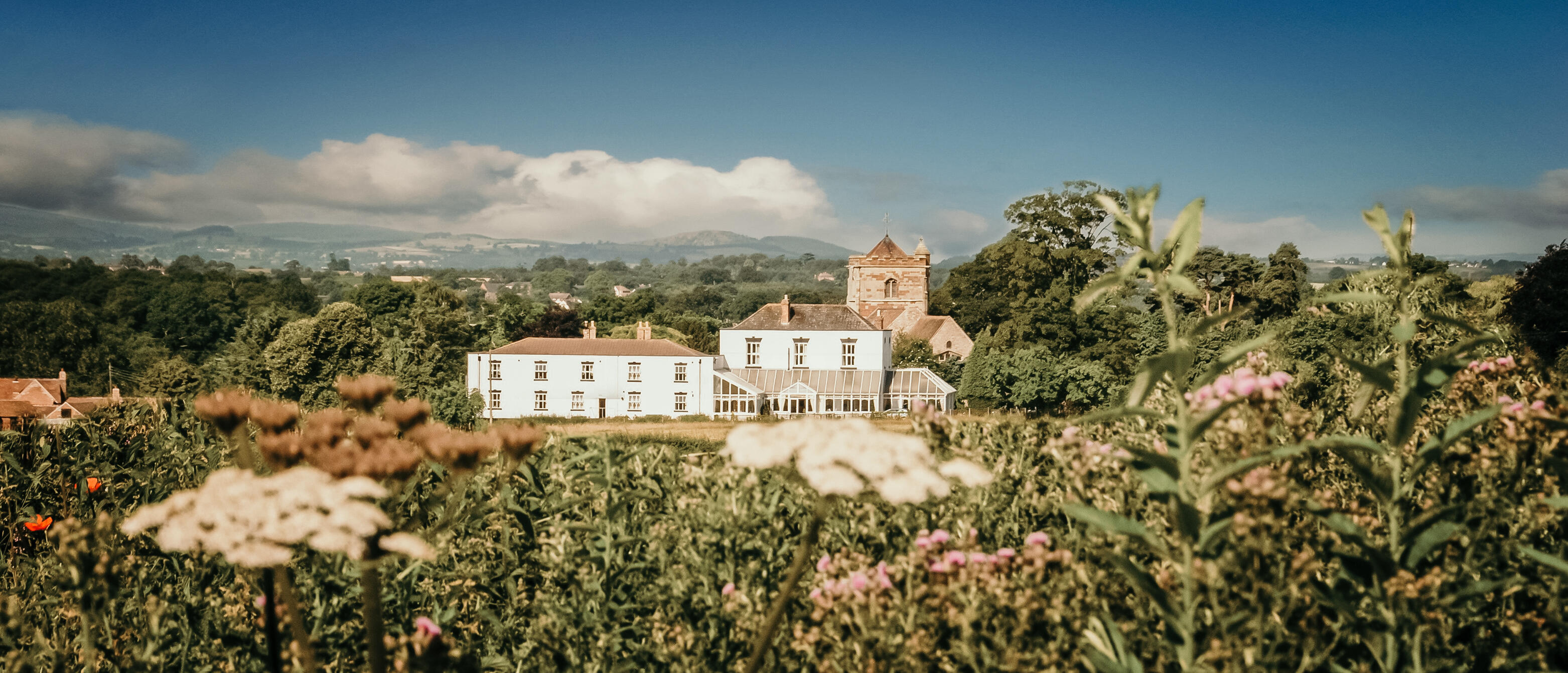 A view of The Wroxeter hotel, a white manor house with a conservatory extension and an adjoining stone church tower, set among trees with rolling hills in the background and out-of-focus wildflowers in the foreground.